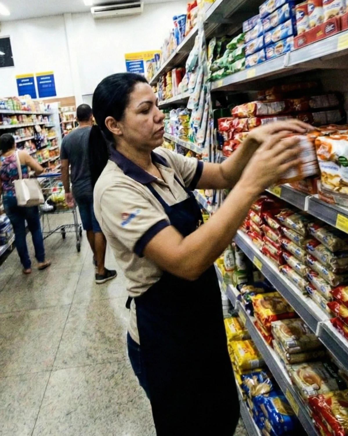 Mirian trabalhando como atendente no mercado